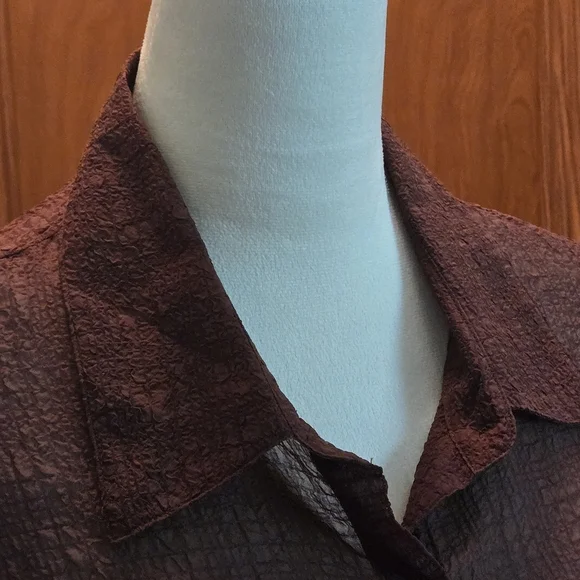 Elementz 2 pc Semi-Sheer Brown Textured Roll-tab Blouse Laced Cami Women's XL - Picture 3 of 16